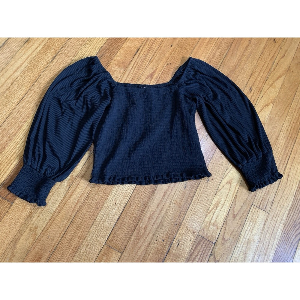 Anthropologie Smocked Crop Top Womens M Black Puff Sleeve Square Neck Stretch